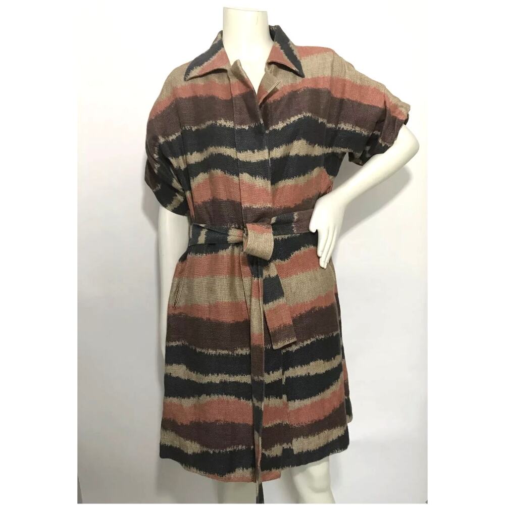 Max Azria Multi-Color Striped Linen Blend Tie Belt Short Sleeve Coat Size M